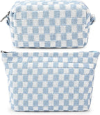 SOIDRAM 2 Pieces Makeup Bag Large Checkered Cosmetic Bag Capacity Canvas Mix Travel Toiletry Bag Organizer Cute Makeup Brushes Aesthetic Accessories Storage Bag for Women, Checkered Mix Blue