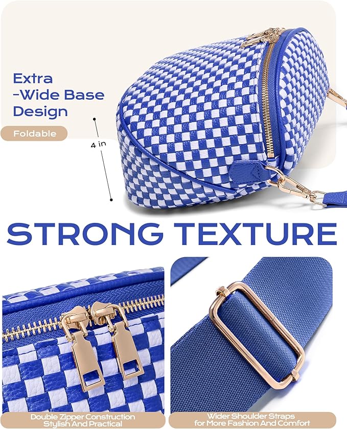 Trendy Woven Checkered Crossbody Bum Bag for Women，PU Leather Checkered Purse Fanny Packs Belt Bag (Woven Bum Bag - Rainbow Blue White)