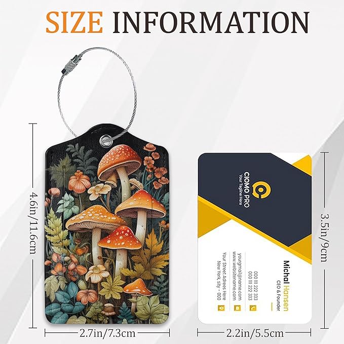 Mushroom Luggage Tags for Suitcases, 3 Pack Leather Bag Tag Identifiers with Stainless Steel Loop and Address Card for Men Women
