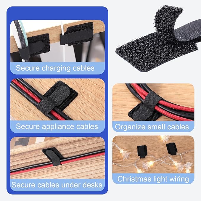 100 Pcs Hook and Loop Cable Ties, Self Adhesive Cable Management Desktop Cable Straps, Adjustable Cord Organizer for Desk Home Office Organization (Black)
