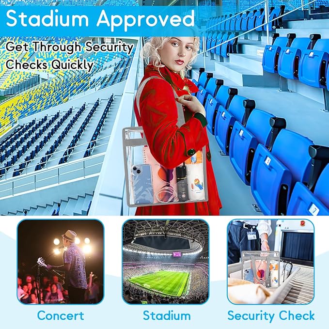 Hoiny Clear Bag for Stadium Events Approved, 12x6x12 Large Transparent Tote Bag with Zipper for Gym Concert Sports Festivals