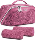 BOYATU Travel Makeup Bags Cosmetic Organizer Bag: 3 Pcs Set Large Capacity Floral Make up Bag with Compartments - Waterproof Leather Toiletry Bags with Handle for Women (20-Red)