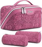 BOYATU Travel Makeup Bags Cosmetic Organizer Bag: 3 Pcs Set Large Capacity Floral Make up Bag with Compartments - Waterproof Leather Toiletry Bags with Handle for Women (20-Red)