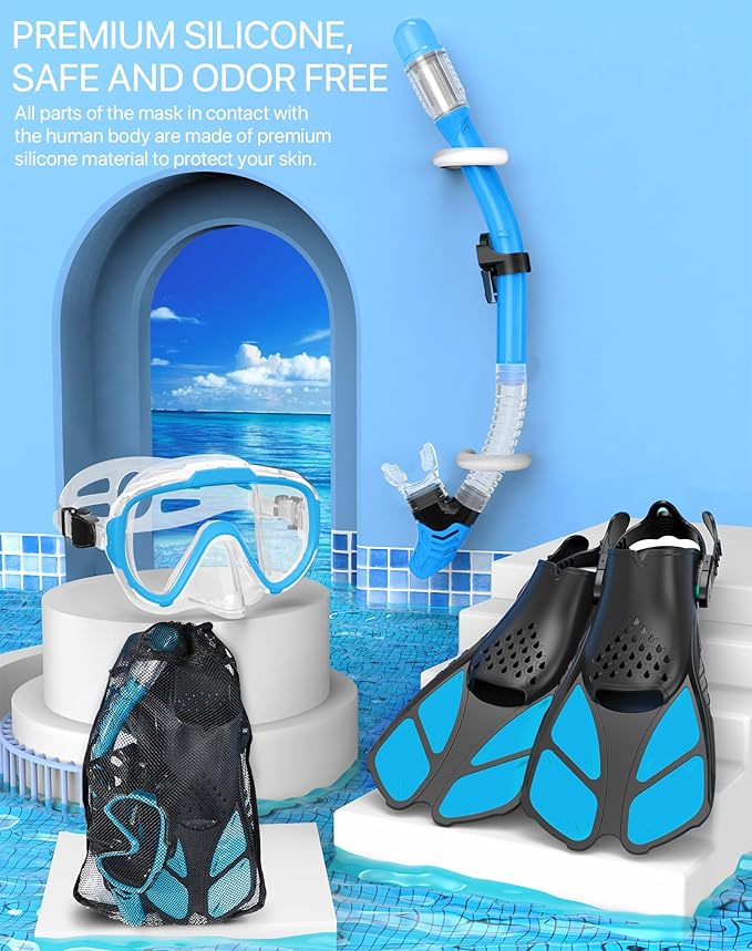 Ubekezele Snorkeling Gear for Adults Men Women,4 in 1 Snorkel Set with Panoramic View Diving Mask Anti-Fog Anti-Leak,Dry Top Snorkel,Fins and Travel Bag for Swimming,Snorkeling and Travel Diving