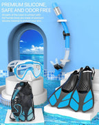 Ubekezele Snorkeling Gear for Adults Men Women,4 in 1 Snorkel Set with Panoramic View Diving Mask Anti-Fog Anti-Leak,Dry Top Snorkel,Fins and Travel Bag for Swimming,Snorkeling and Travel Diving