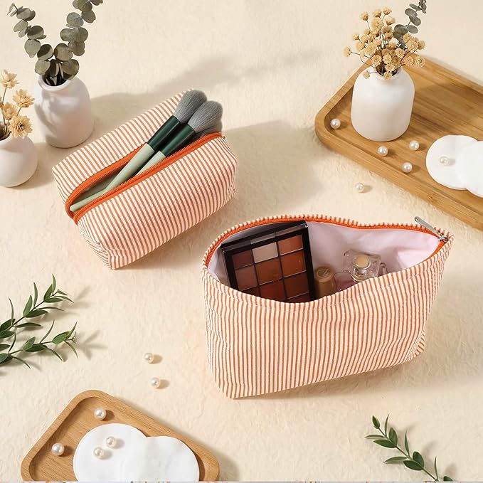 Huhumy 2 Pcs Makeup Bag Set Cute Cosmetic Pouch for Women Seersucker Travel Toiletry Bag Preppy Small Makeup Purse Pouch Aesthetic Skincare Brushes Storage Organizer for Valentine Women(Orange)