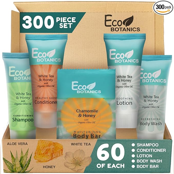 Travel Size Hotel Toiletry Set 300 Count 0.85 oz Bottles Guest Amenities for Vacation Rentals and Short Term Rentals Paraben Free White Tea Scent Infused with Aloe and Olive Oil by Eco Botanics