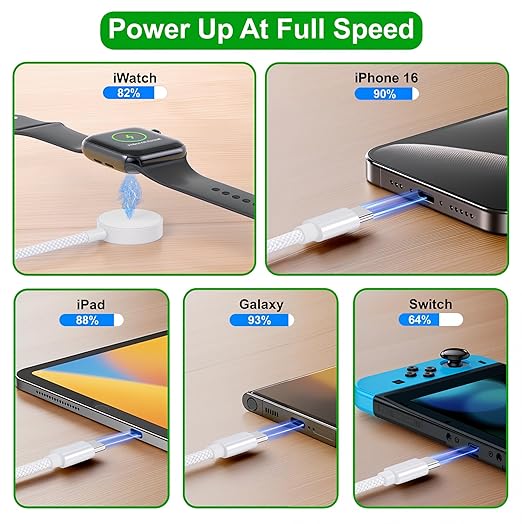TOP-UP 3 in 2 USB C Cable for Apple Watch Charger (4FT/1.2M) – Fast Multi Charging Travel Cable Compatible with iWatch Ultra 2/SE 2/Series 11–1, iPhone 17/16/15 Series, iPad, AirPods