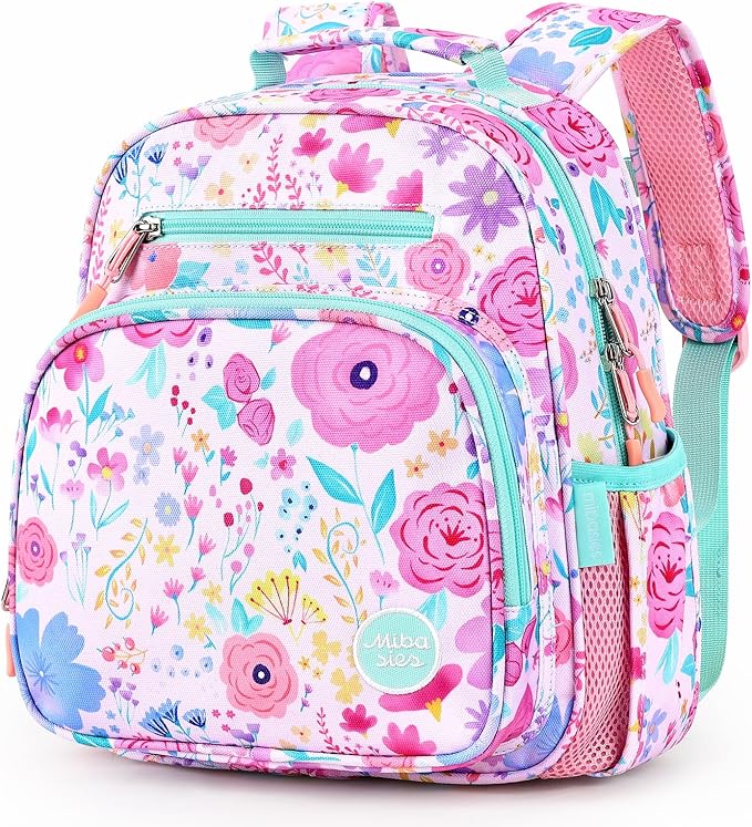 mibasies Toddler Backpack for Girls 2-4: Preschool Kindergarten Backpack - Cute Kids Backpacks for Girls - Flower Pink Turquoise