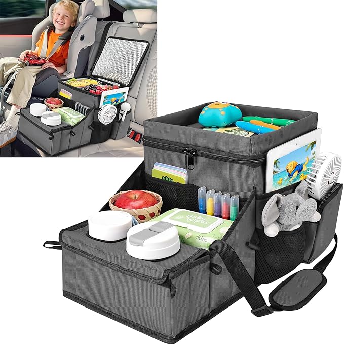 COOLBEBE Car Seat Organizer, Backseat Car Organizer with Cup Holders for Kids and Adults Travel, Cooler Compartment Passenger Seat Organizer Storage Box for Front or Middle Seat, Grey