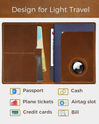 Passport Holder for Travel, Genuine Leather Passport Wallet Cover Case with Airtag Slot, RFID Blocking, for Women Men, Travel Essentials Gift, Brown