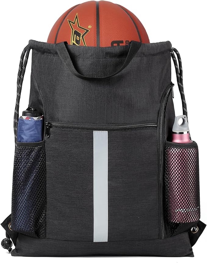 BeeGreen Mix-Black-Drawstring-Backpack-Bag, Large String Sack with Shoe Compartment and Two Side Mesh Pockets Lightweight Sturdy For Gym