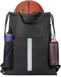 BeeGreen Mix-Black-Drawstring-Backpack-Bag, Large String Sack with Shoe Compartment and Two Side Mesh Pockets Lightweight Sturdy For Gym