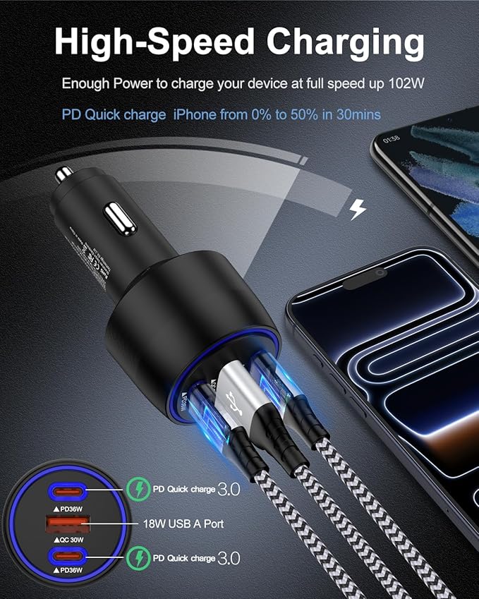 USB C Car Charger, 3-Port Super Fast Charging Cigarette Lighter Adapter for iPhone 17e Pro/Air/16/15/14/13/iPad, USBA & USBC Multiport Car Phone Charger Accessories for Samsung S26/S25/S24 FE/S23/S22