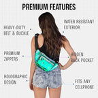 Fanny Pack Belt bag - Crossbody Waist Bag for Men or Women - Hands-Free, Waterproof Large Bumbag for Hiking, Running, and Travel (Holographic Transparent - Aqua)
