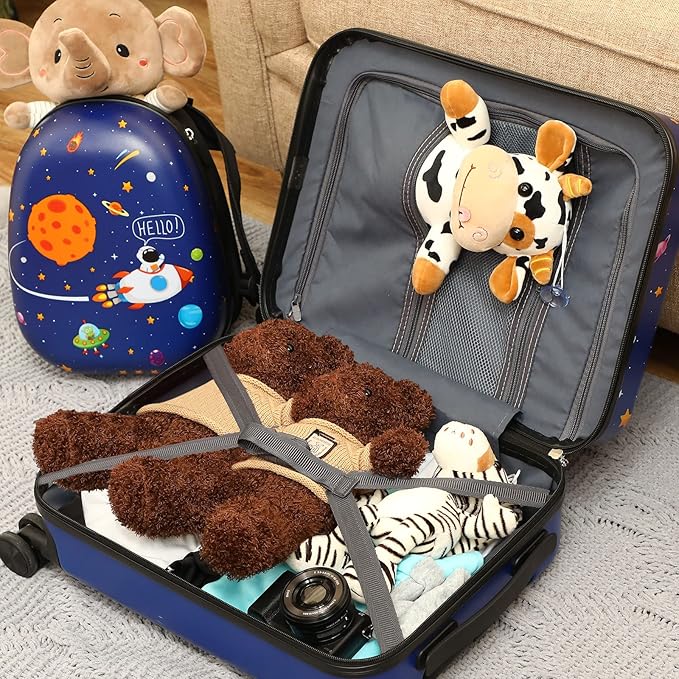 Weewooday Kids Luggage and Backpack 18" Suitcase with Spinner Wheel Hard Case Travel 13" Backpack Girl Suitcase Set for Kids Travel Supplies(Blue,Spaceman Style)
