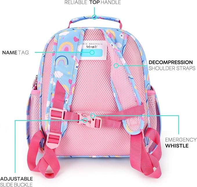mibasies Toddler Backpack for Girls 2-4: Preschool Kindergarten Backpack - Cute Kids Backpacks for Girls - Rainbow Blue