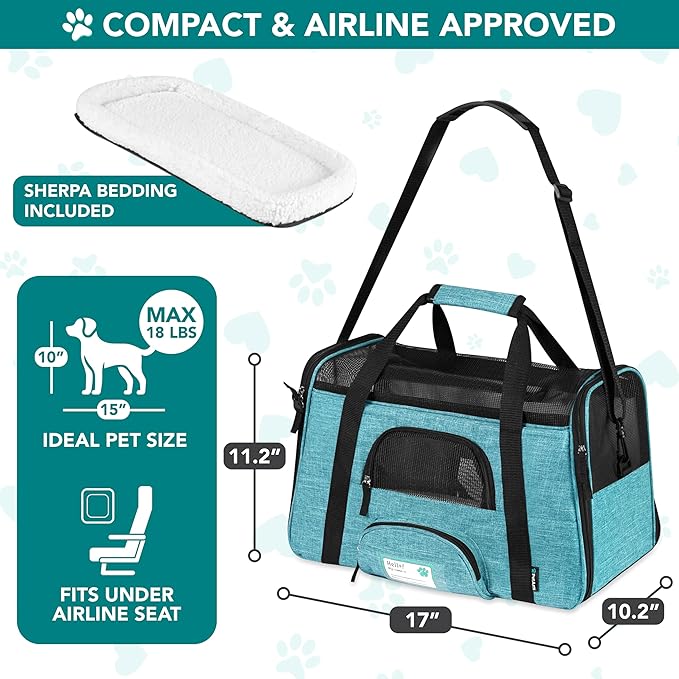 PetAmi Airline Approved Pet Carrier for Cats & Small Dogs, Soft Sided TSA Travel Carrier Bag Sherpa Bed, Breathable Mesh Ventilation, Collapsible Bowl, Fit Under Seat, Up to 18 lbs, Small Heather Blue