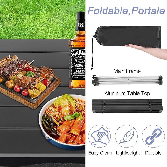 Grope Portable Camping Table Ultralight Aluminum Camp Table with Storage Bag,Beach Table for Sand with Carrying Bag,Prefect for Outdoor,Picnic,BBQ,Cooking,Festival (Black with Storage Bag-M)