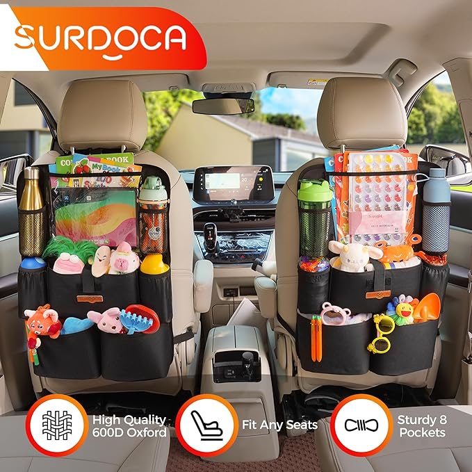 SURDOCA Upgraded Car Organizer with 11-inch Tablet Holder, 8 Pockets, Car Seat Protector for Road Trips - Car Storage and Organizers for Kids, Grey 1PC