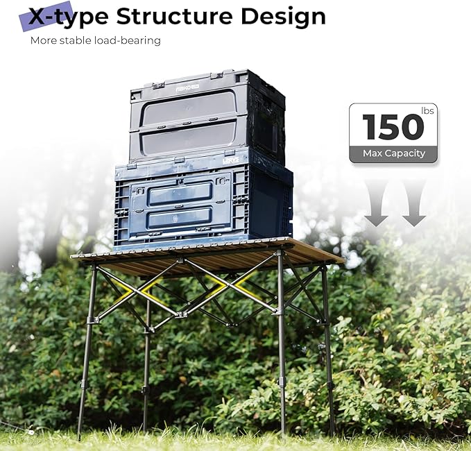Byliable Camping Table Folding Portable Camp Aluminum Fold Up Lightweight Roll Up Table Adjustable Height with Carry Bag Indoor Outdoor for Camping, Picnic, Backyard, BBQ, Patio, Wood Grain