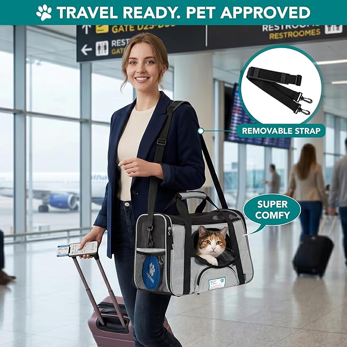 PetAmi Airline Approved Pet Carrier for Cats & Small Dogs, Soft Sided TSA Travel Carrier Bag with Sherpa Bed, Breathable Mesh Ventilation, Collapsible Bowl, Fits Under Seat, Up to 18 lbs, Small Gray