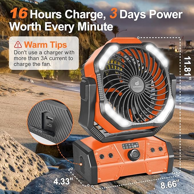 Odoland 40000mAh Camping Fan with LED Light, Battery Operated Oscillating Desk Fan with Remote & Hook, Rechargeable Outdoor Tent Fan with Timer for Hurricane Power Outage Travel Jobsite RV, Orange