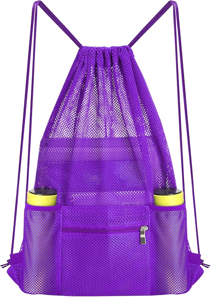 NATURAL STYLE Mesh Drawstring Backpack Bag, Gym Sports Bag with Zipper Pocket Bottle Holder, String Beach Bag for Swiming Travel (Purple)