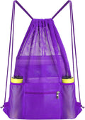 NATURAL STYLE Mesh Drawstring Backpack Bag, Gym Sports Bag with Zipper Pocket Bottle Holder, String Beach Bag for Swiming Travel (Purple)