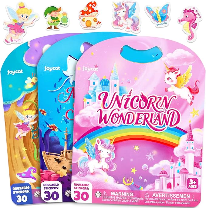 JoyCat Reusable Sticker Book Set (3-Pack): Unicorn, Fairies, Mermaid - 90 Pcs Stickers for Toddlers, Kids Sticker Activity Book, Road Trip Travel Toys, Party Favors, Birthday Gifts for Baby Girls