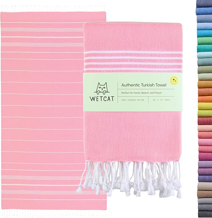 WETCAT Turkish Beach Towel Oversized (38"x71") 100% Turkish Cotton, Made in Turkey - Sand Free, Extra Large, Ultra Soft, Quick Drying, Compact & Lightweight for Travel - Light Pink
