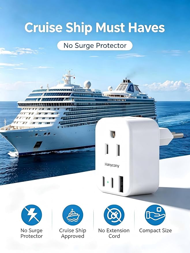 HANYCONY Italy Travel Adapter, Grounded Type L Plug Adapter with 2 AC Outlets 3 USB Ports (2 USB C), US to Italy Power Adapter for Rome, Chile, Uruguay, Ethiopia - Cruise Ship Approved