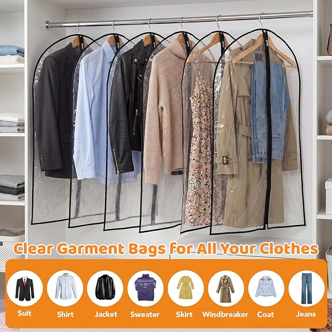 12 Pack Garment Bags 60 * 100cm, 40in Full Clear Garment Covers, Suit Storage Bags, Dress Organizer Bags Used To Protect Shirts, Winter Coats, Jackets