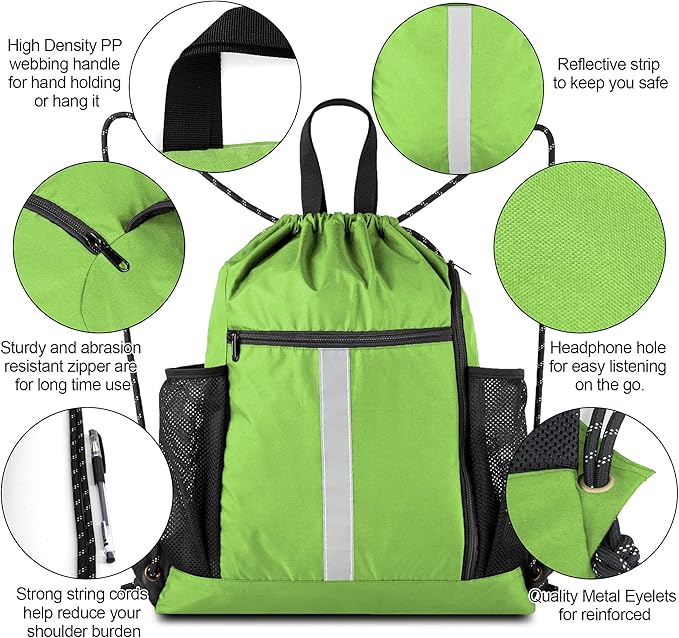 BeeGreen Cinch Bag Backpack String Gym Sackpack with Shoe Compartment and Two Side Mesh Pockets Large Lightweight Portable Sport Drawstring Sack
