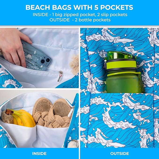 Beach Bag and Pool Bag Has Cooler Pocket, 7 Pockets Total, Zip Top. Family Size Waterproof Beach Tote