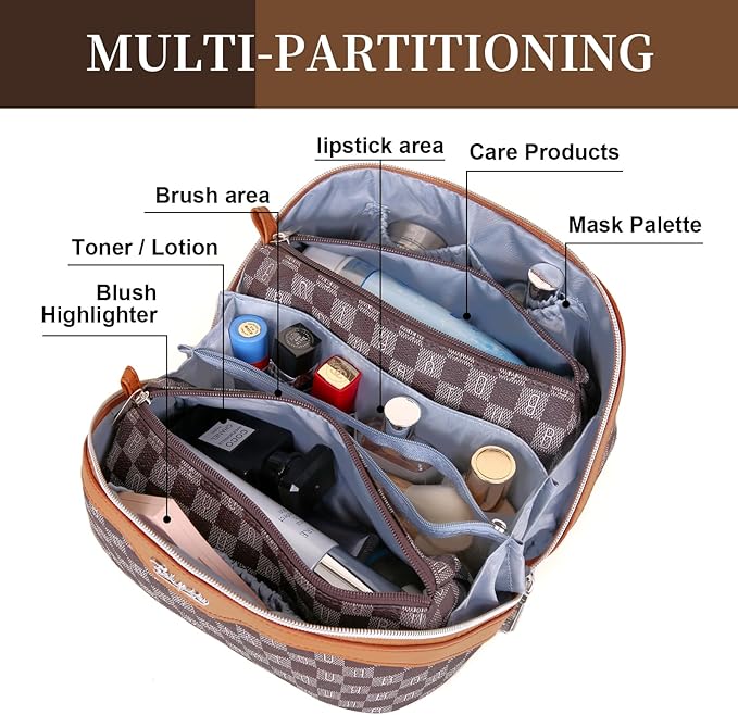 BOYATU Travel Makeup Bag Organizer Cosmetic Bag: 3 Pcs Set Make up Bags for Women with Handle - Waterproof Vegan Leather Toiletry Bags Travel Essentials Pouch with Compartments (H-01-Brown)