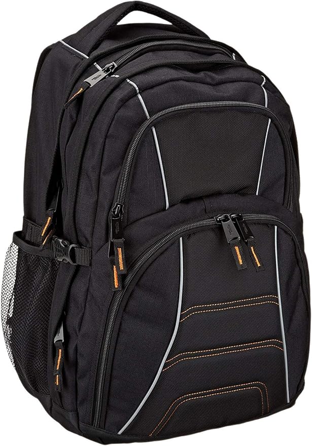 Amazon Basics Padded Laptop Backpack with Water Bottle Pockets, Travel Work Bag with Compartments, Fits Up to 17-Inch Laptops, Black