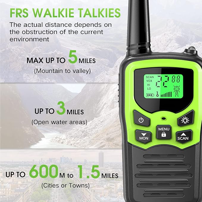 Walkie Talkies,MOICO Long Range Walkie Talkies for Adults Two-Way Radios with 22 Channels FRS VOX Scan LCD Display with LED Flashlight for Field, Survival Biking Hiking Camping 2 Pack (Green)