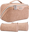 BOYATU Travel Makeup Bags Cosmetic Organizer Bag: 3-Set Large Capacity Make up Bag - PU Leather Toiletry Bags for Women - Wide Open Portable Pouch with Divider & Handle (A-Tan)