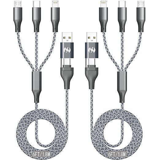 Multi Charging Cable 4ft 2Pack 4 in 1 Charger Cord,Doub Tyep-C Multiple Rapid Nylon Braided Cable USB Charging Cable Multi Phone Charger Cord with Type C Micro Lightning USB Connectors for Cell Phones