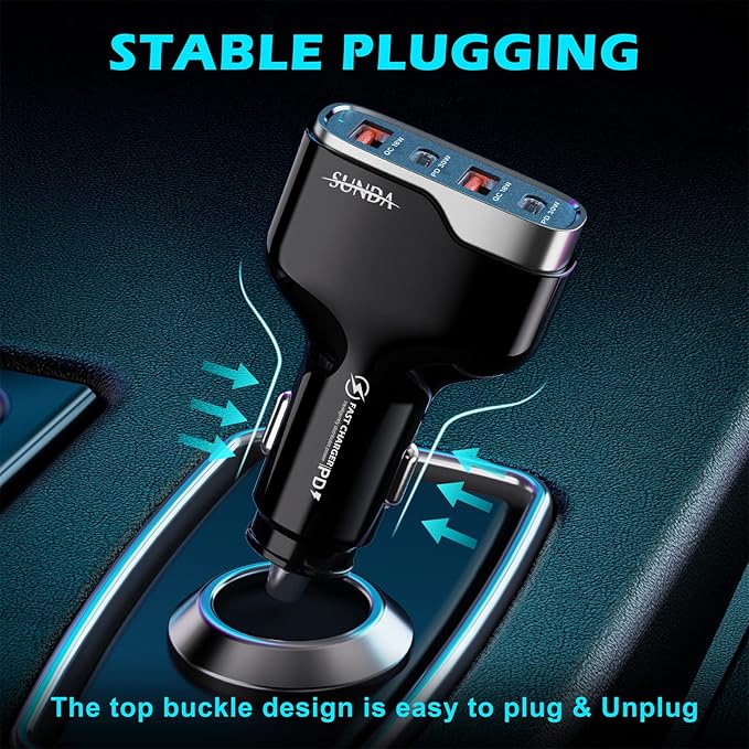 SUNDA 60W USB C Fast Car Charger | 4-Ports Car Charger Adapter | Dual Type C PD30W/PPS30W Compatible with iPhone17/16 Pro/Max/iPhone15/Galaxy/SamsungS25 | Dual USB-A 18W QC3.0 for Android(Black)