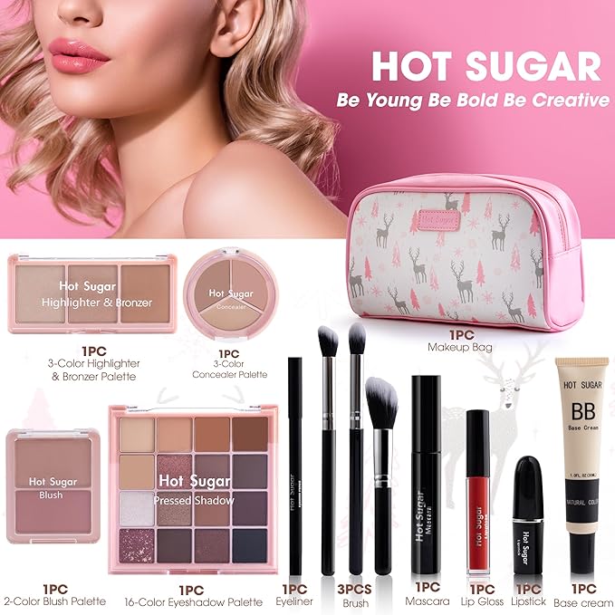 Hot Sugar Travel Makeup Kit All in One, Makeup Kit for Women Full Kit, Makeup Gift Set for Beginners and Professionals with Cosmetic Bag (Pink)