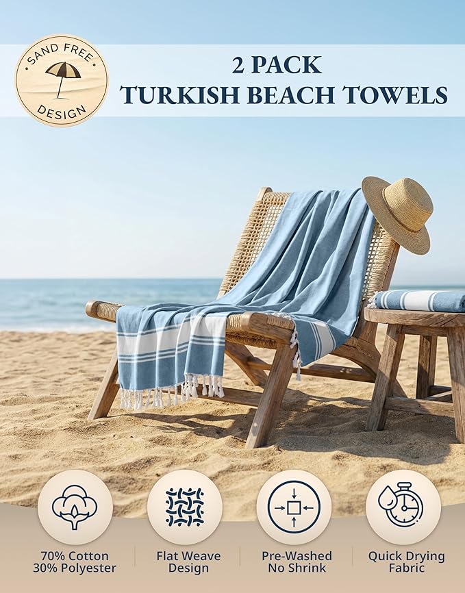 LANE LINEN Beach Towels for Women, 2 Pack Large Beach Towels Oversized, Pre-Washed, No-Shrink Sand Free Beach Towels, Quick Dry, Lightweight Travel Towel,Soft Beach Bath Towel, 39"x71" - Sky Blue