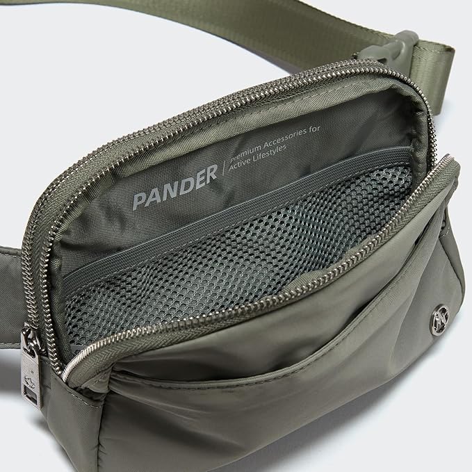 Pander Everywhere Belt Bag for Women, 5 Zipper Pockets Nylon Crossbody Fanny Pack Purse (Grey Sage).