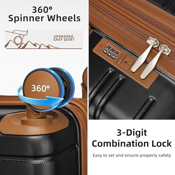 6 Piece Luggage Sets with Bags, Lightweight Expandable Checked Luggage Sets, Hardshell ABS Spinner Wheels Carry on Suitcase with TSA Lock, for Travel, Women Men (Black Brown, 18/20/24/28inch+2bags)