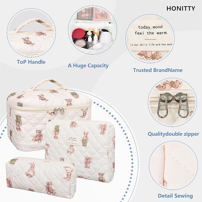 honitty Makeup Bag,Quilted Cosmetic Bag,Large Floral Make Up Bag for Women,Cotton Makeup Bag Set,Flower Travel Toiletry Bag