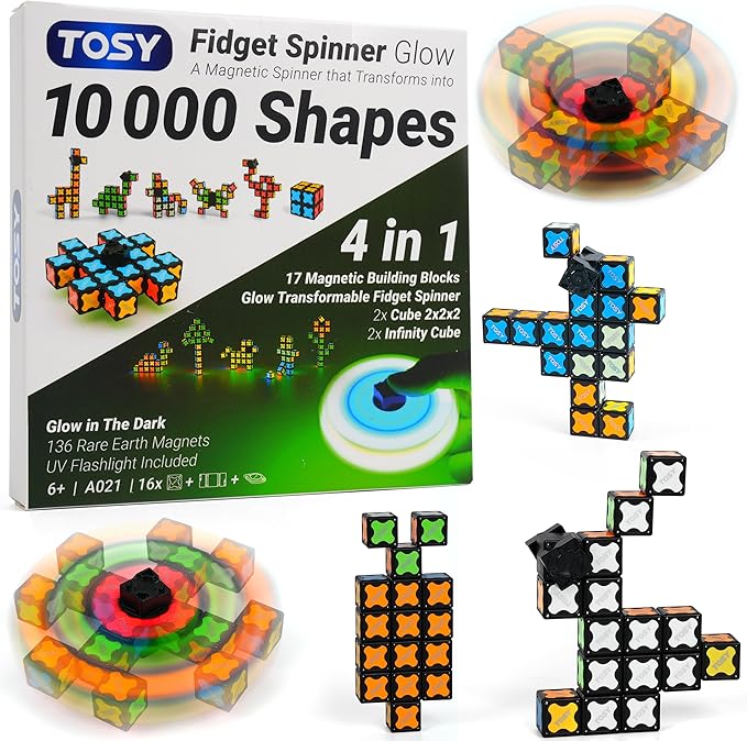 TOSY Magnet Fidget Spinner Glow - 16 Blocks, 3in1 Toy: Transformable Fidget Spinner, Infinity/Puzzle Cube, Easter Basket Stuffers Gift for Kids/Adults, Glowing STEM Sensory Stress Relief