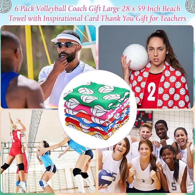 Peryiter 6 Pack Volleyball Coach Gift Large 28 x 59 Inch Beach Towel with Inspirational Card Thank You Gift for Teachers Graduation Season End of Year School Team Sports Lovers Summer Pool Party