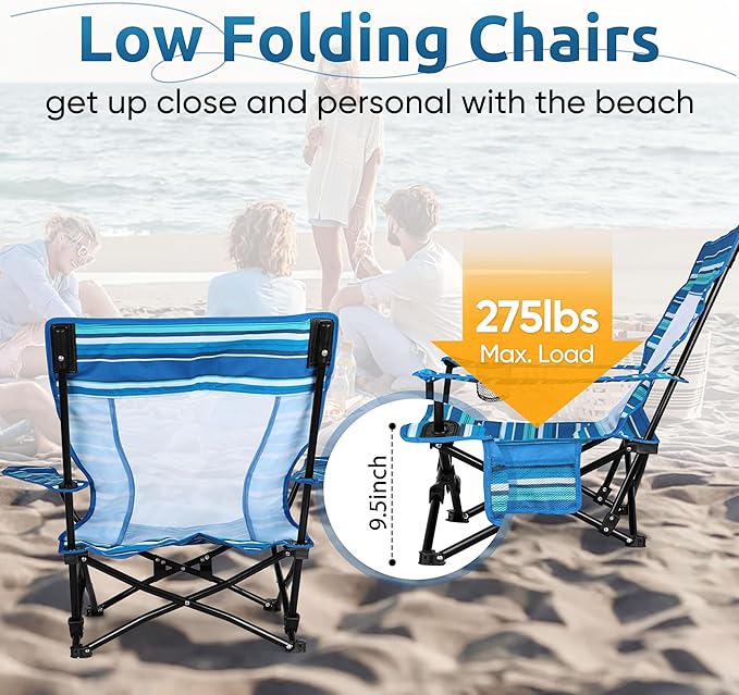 HaSteeL Folding Beach Chair Set of 2, Foldable Striped Camping Chairs for Outside, Low Beach Chair Portable for Adults Fishing, Picnic, Outdoor BBQ, Travel, Sports, Cup Holder & Storage Bag