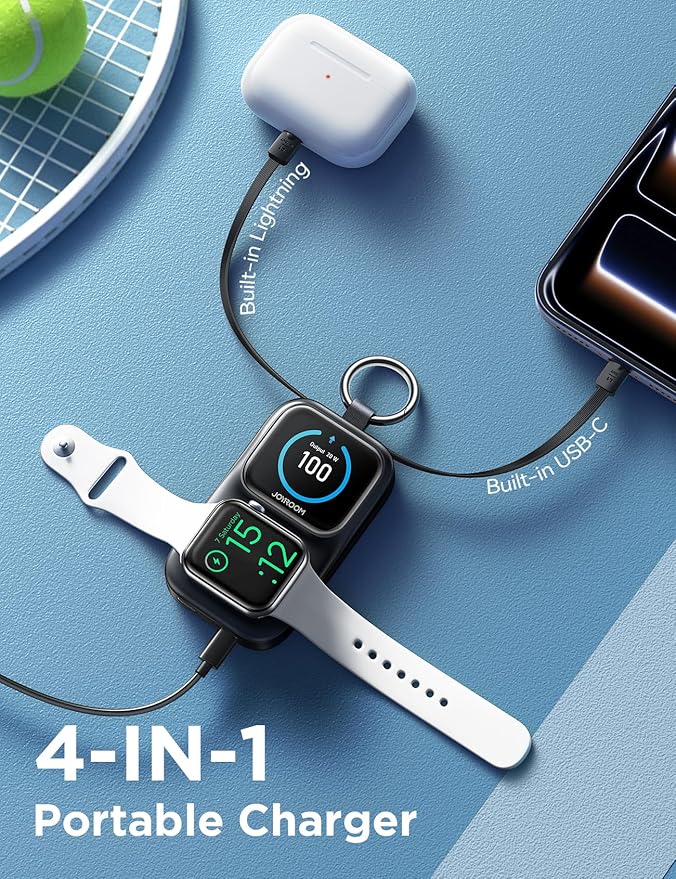 JOYROOM Portable Charger, Power Bank with Built-in Cables & LED Display, 5000mAh 20W PD Fast Charging & Fast Recharge, Travel Keychain Battery Pack for iPhone 17/16/15/14/13/12 & Apple Watch, Black